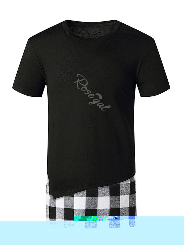 T-shirt à Carreaux Imprimé à Fente Latérale Fausse Deux Pièces Noir M