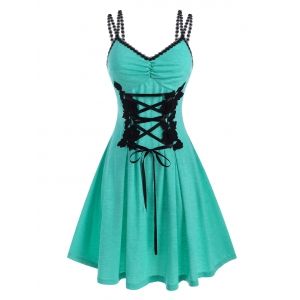 

Lace Up Flower Applique Ruched Corset Style Dress, Light green