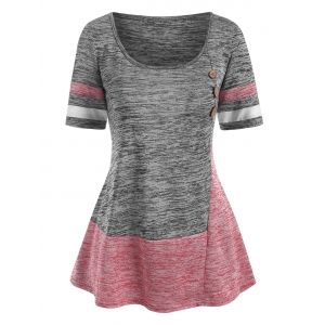 Colorblock Mock Button Striped T Shirt, Gray