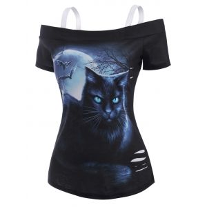 

3D Cat Moon Print Open Shoulder Distressed T Shirt, Black