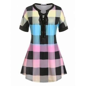 

Plus Size Plaid Lace Up Tee, Multi