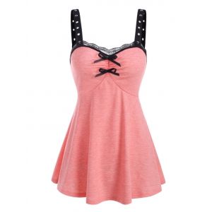 

Lace Panel Grommet Bowknot Ruched Tank Top, Light pink