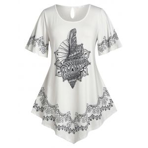 

Plus Size Printed Flutter Sleeve Irregular Tee, White