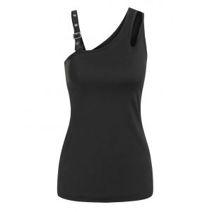 

Cut Out Buckle Strap Skew Collar Tank Top, Black
