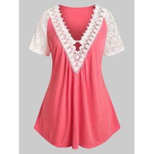 

Plus Size Lace Panel Plunging Neck Tee, Light pink