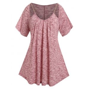 

Plus Size Cut Out Chain Pleated Marled T Shirt, Deep red