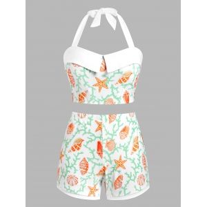 

Plus Size Marine Life Print Halter Tankini Swimwear, Light green