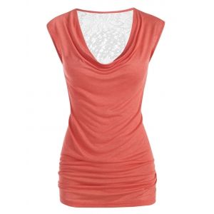 

Plus Size Draped Lace Panel Ruched Sheer Tunic Tank Top, Red