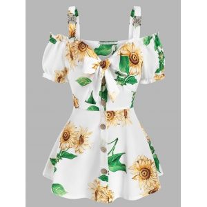 

Sunflower Print Open Shoulder Ruffle Buttons Tied Blouse, Multi