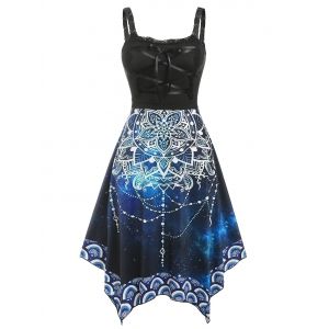 

Plus Size Lace Up Floral Galaxy Irregular Dress, Black