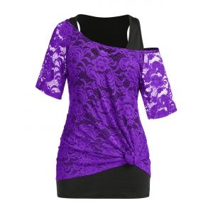 

Plus Size Lace See Thru T-shirt and Tunic Tank Top Set, Purple