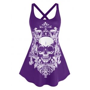 

Plus Size Skull Pattern Cross Back Tank Top, Purple