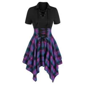 

Lace-up Plaid Print Layered Handkerchief Dress, Multi