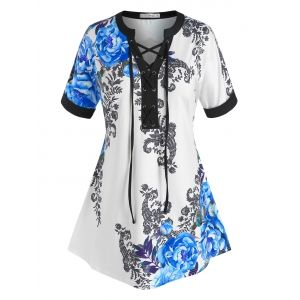 

Plus Size Lace-up Flower Print Cuffed Sleeve Tee, Blue