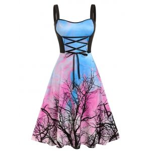 

Plus Size Clouds Tree Print Lace Up Midi Dress, Multi