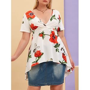 

Plus Size Plunge Floral Print High Low Blouse, White