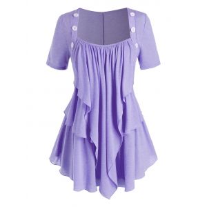 

Plus Size Layered Draped Buttoned Round Hem Tunic Tee, Purple