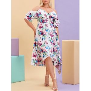 

Plus Size Ruffle Cold Shoulder Floral Print Midi Dress, White