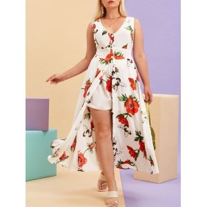 

Plus Size Button Up Floral Print Dress With Shorts Set, White