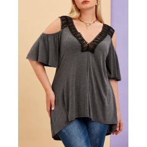 

Plus Size Cold Shoulder Lace Panel Plunging Neckline Tee, Gray