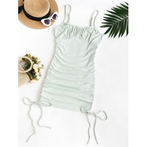 

Plus Size Spaghetti Strap Ribbed Cinched Ruched Slinky Bodycon Dress, Light green