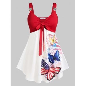 

Plus Size American Flag Butterfly Knot A Line Tank Top, Red