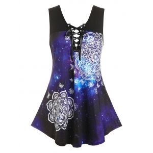 

Plus Size Galaxy Butterfly Curved Hem Lace-up Tank Top, Black