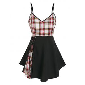 

Plaid Panel Flare Lace Up Cami Tank Top, Black