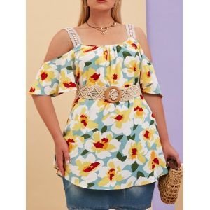 

Plus Size Cold Shoulder Flower Crochet Strap Blouse, Multi