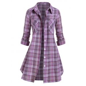 

Plus Size Pockets Button Up Checked Blouse, Purple