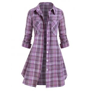 

Plus Size Pockets Button Up Checked Blouse, Purple