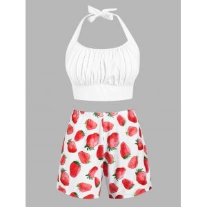 

Plus Size Strawberry Print Halter Ruched Bust Three Piece Tankini Swimwear, Red