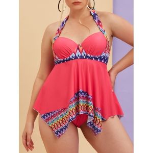 

Plus Size Halter Geo Print Push Up Underwire Tankini Swimwear, Light pink