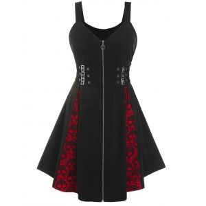 

Plus Size Colorblock Lace Insert Grommet Buckles Dress, Black