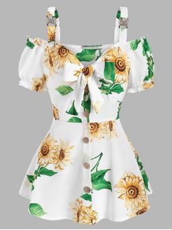 Sunflower Print Open Shoulder Ruffle Buttons Tied Blouse - MULTI - S