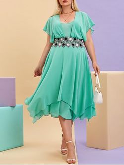 Plus Size Handkerchief Floral Applique Chiffon Dress - GREEN - L