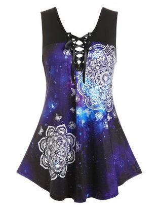 Plus Size Galaxy Butterfly Curved Hem Lace-up Tank Top