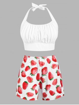 Plus Size Strawberry Print Halter Ruched Bust Three Piece Tankini Swimwear