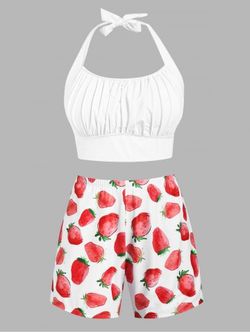 Plus Size Strawberry Print Halter Ruched Bust Three Piece Tankini Swimwear - RED - 1X