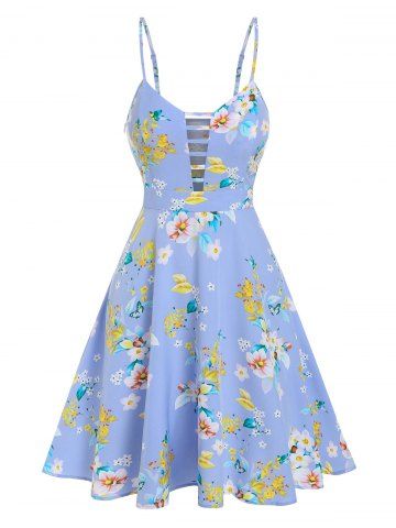 Floral Print Cutout Mini Dress - LIGHT BLUE - L