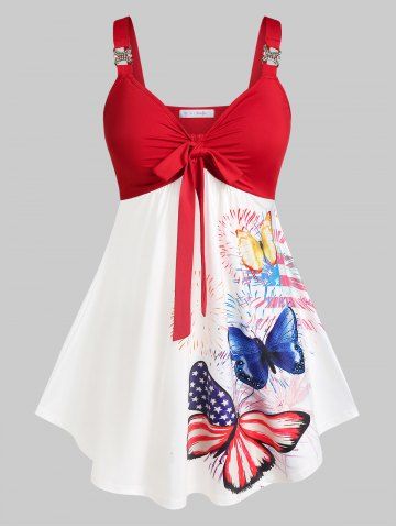 Plus Size American Flag Butterfly Knot A Line Tank Top - RED - 2X