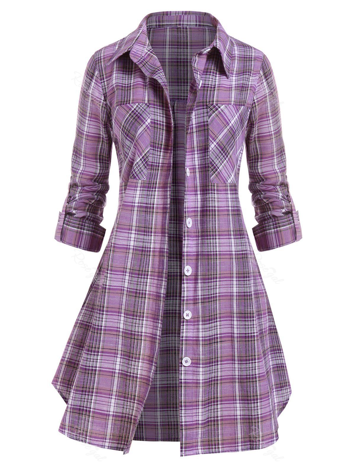 Best Plus Size Pockets Button Up Checked Blouse  