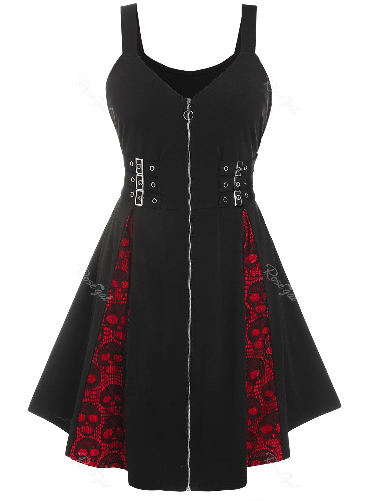 Fashion Plus Size Gothic Colorblock Lace Insert Skulls Grommet Buckles Dress  