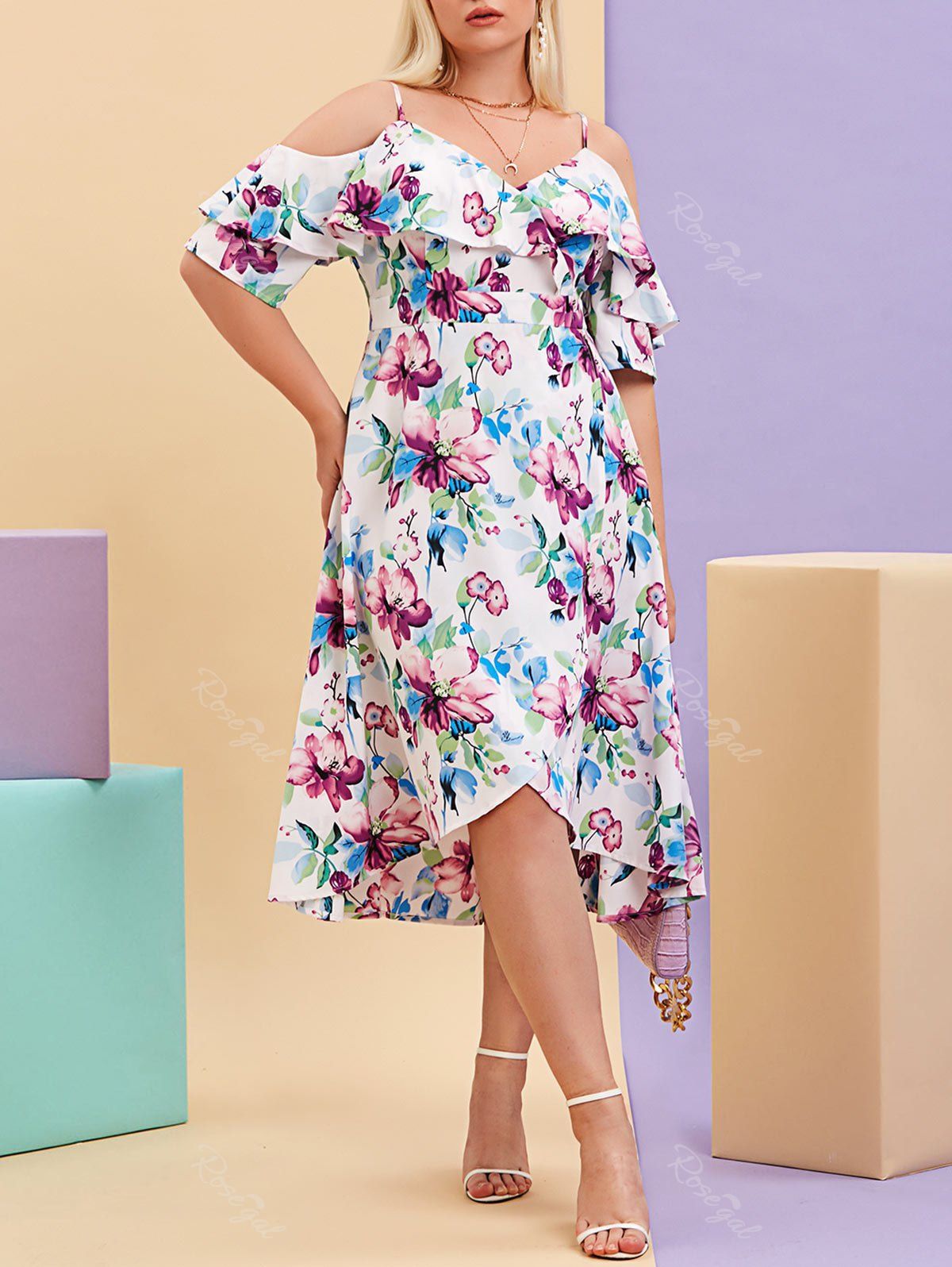 Fashion Plus Size Ruffle Cold Shoulder Floral Print Midi Cottagecore Dress  