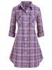 Plus Size Pockets Button Up Checked Blouse -  