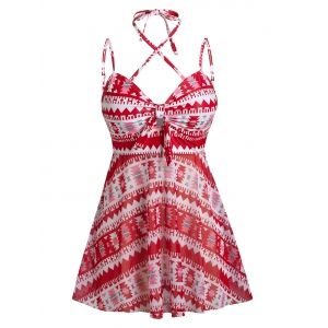 

Plus Size Mesh Sheer Geometric Knot High Waisted Tankini Swimwear, Red