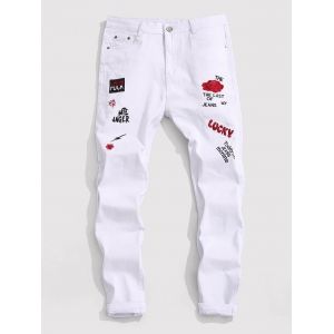 

Floral Letter Embroidery Scratch Pencil Denim Pants, White
