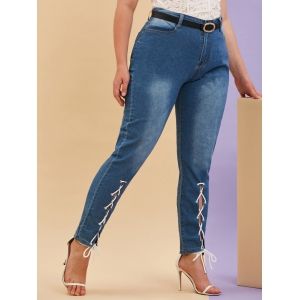 Mid Rise Lace Up Front Plus Size Skinny Jeans, Blue