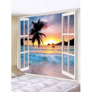 

3D Window Seaside Sunset Print Tapestry, Multi a