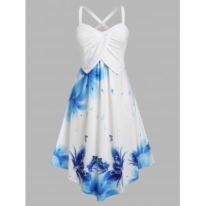 

Plus Size Floral Overlap Criss Cross Back Dress, Light blue